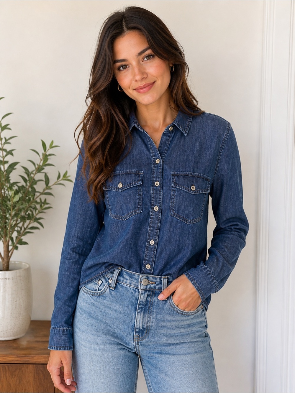 Banana Republic Long Sleeve Dark Denim Chambray Cotton Linen Shirt Top